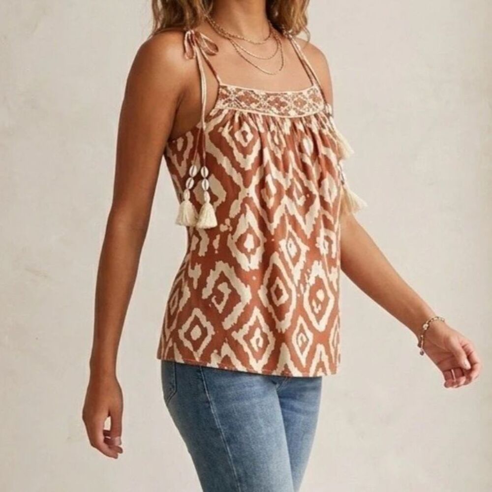 Haute Hippie Halter Top Womens Sz S Boho Tribal Tie Shoulder Brown Ikat Seashell